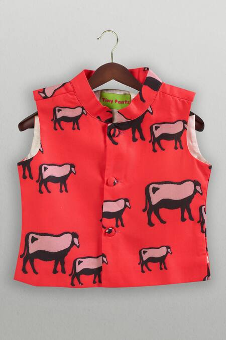 Shop_Tiny Pants_Red Cotton Cow Print Kurta Jacket Set _Online_at_Aza_Fashions