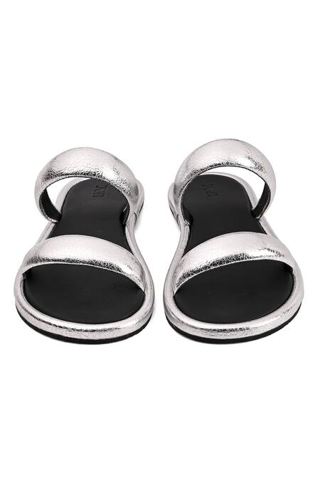Shop_Jvam_Silver Structured Slide Flats_at_Aza_Fashions