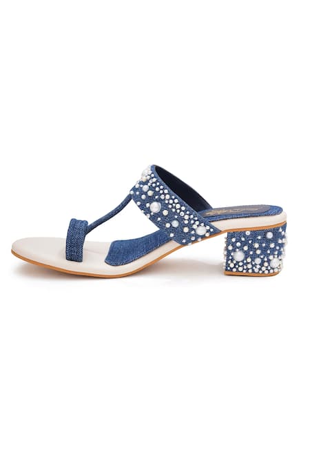 Sole House_Blue Pearls Denim Embellished Block Heels _Online_at_Aza_Fashions
