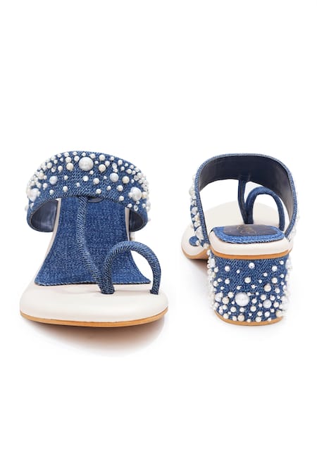 Buy_Sole House_Blue Pearls Denim Embellished Block Heels _Online_at_Aza_Fashions
