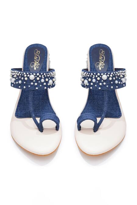 Shop_Sole House_Blue Pearls Denim Embellished Block Heels _Online_at_Aza_Fashions