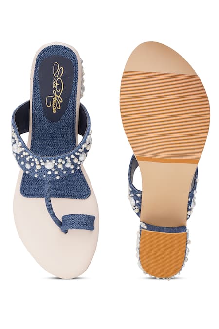 Shop_Sole House_Blue Pearls Denim Embellished Block Heels _at_Aza_Fashions