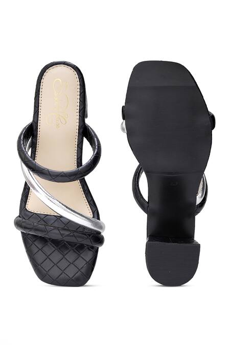 Shop_Sole House_Black Quilted And Silver Block Heels _at_Aza_Fashions