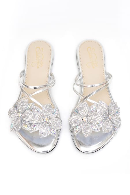 Sole House_Silver Crystal Floral Flats _at_Aza_Fashions