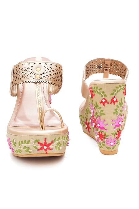 Shop_Sole House_Multi Color Embroidery, Beads Floral Wedge Sandals _Online_at_Aza_Fashions