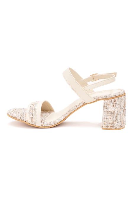 Buy_Sole House_Cream Ivory Tweed Textured Block Heel Sandals _Online_at_Aza_Fashions