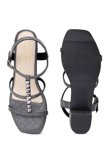 Shop_Sole House_Gray Studs Elegant Block Heel Sandals _at_Aza_Fashions