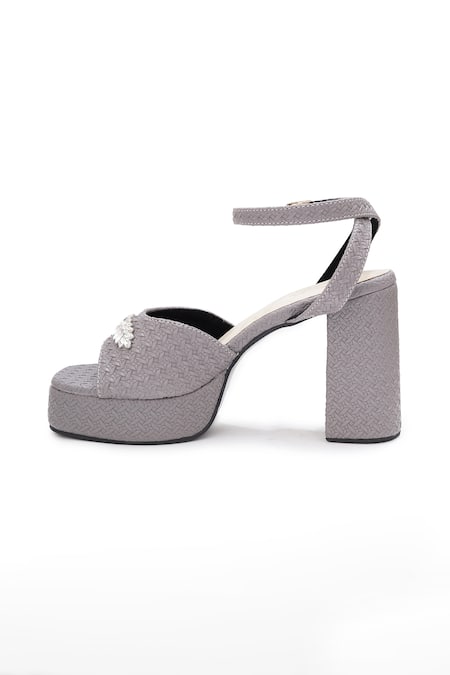 Sole House_Gray Rhinestones Grey Textured Block Heel Sandals _Online_at_Aza_Fashions