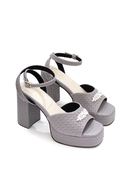 Buy_Sole House_Gray Rhinestones Grey Textured Block Heel Sandals _Online_at_Aza_Fashions