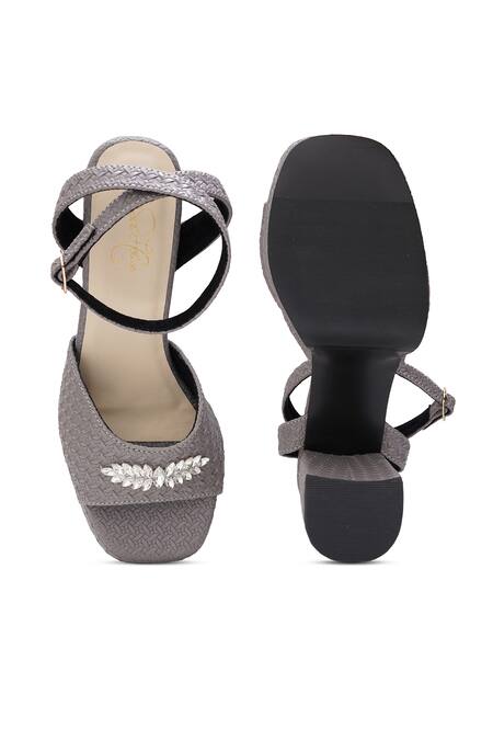 Shop_Sole House_Gray Rhinestones Grey Textured Block Heel Sandals _at_Aza_Fashions