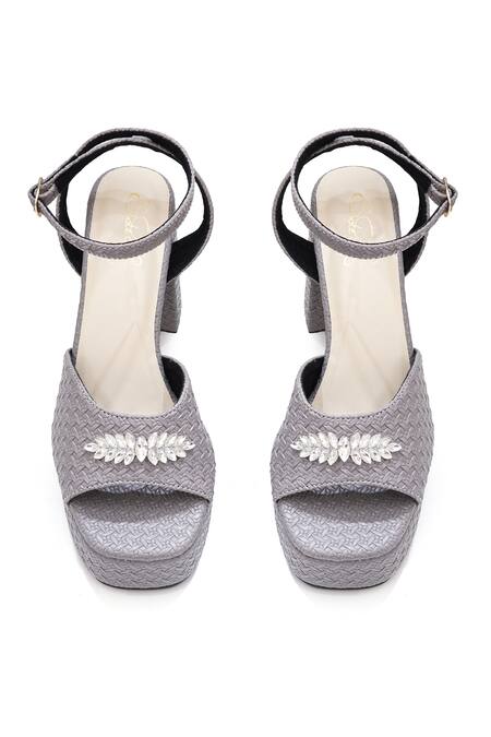 Sole House_Gray Rhinestones Grey Textured Block Heel Sandals _at_Aza_Fashions