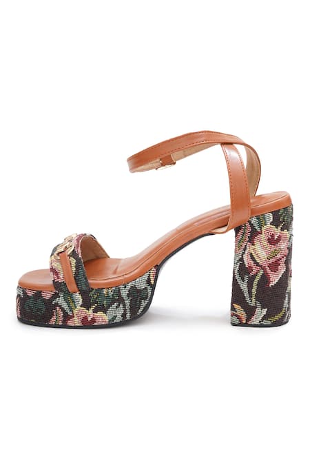 Sole House_Multi Color Buckles Floral Tapestry Block Heel Sandals _Online_at_Aza_Fashions