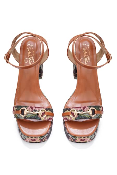 Buy_Sole House_Multi Color Buckles Floral Tapestry Block Heel Sandals _Online_at_Aza_Fashions