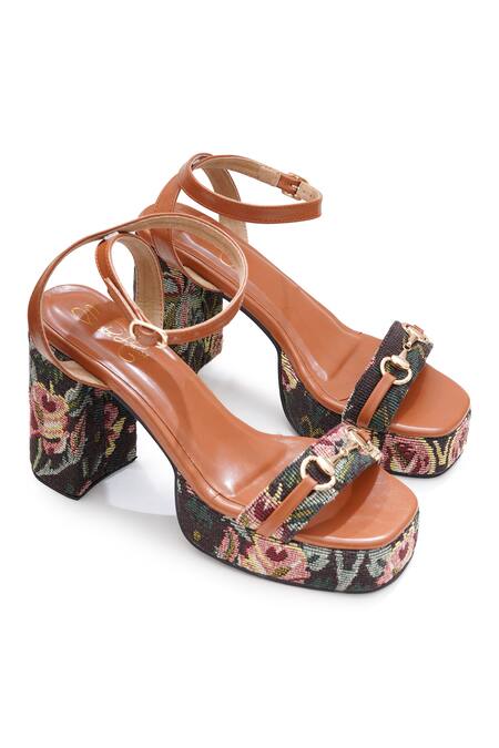 Sole House_Multi Color Buckles Floral Tapestry Block Heel Sandals _at_Aza_Fashions