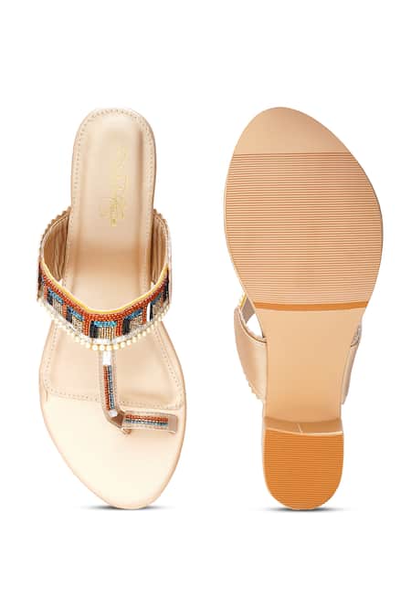 Shop_Sole House_Gold Beads Geometric Kolapuri Heels _at_Aza_Fashions