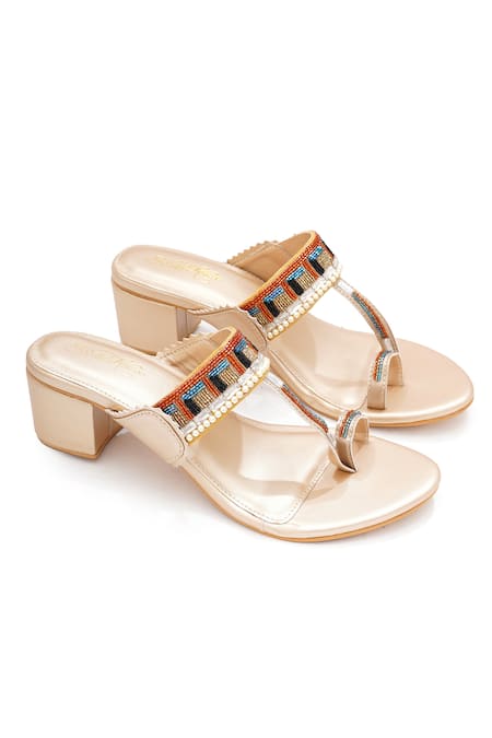 Sole House_Gold Beads Geometric Kolapuri Heels _at_Aza_Fashions