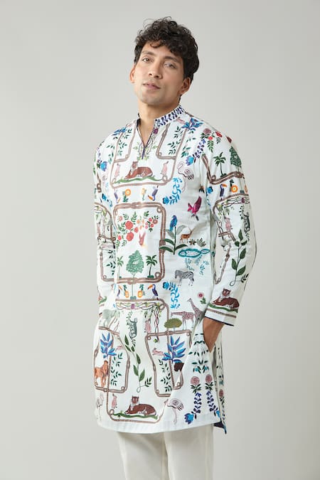 Taroob_Ivory Cotton, Silk Printed Kurta Pajama Set _Online_at_Aza_Fashions