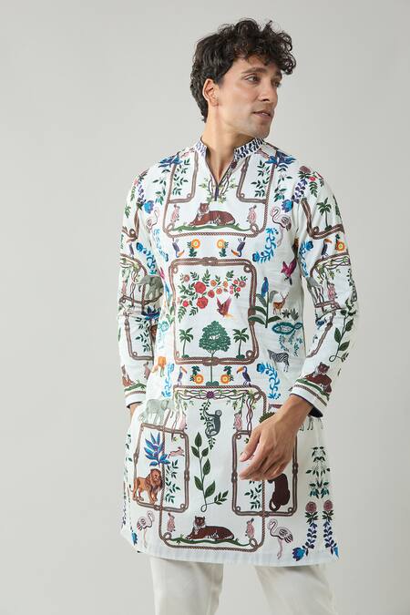 Buy_Taroob_Ivory Cotton, Silk Printed Kurta Pajama Set _Online_at_Aza_Fashions