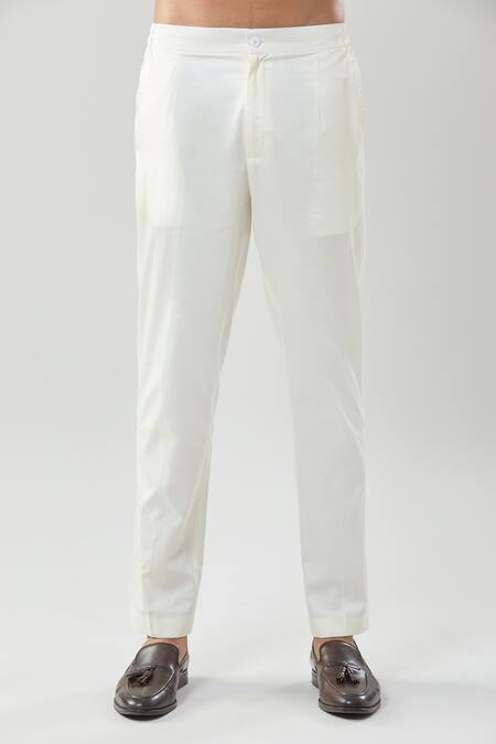 Shop_Taroob_Ivory Cotton, Silk Printed Kurta Pajama Set _Online_at_Aza_Fashions