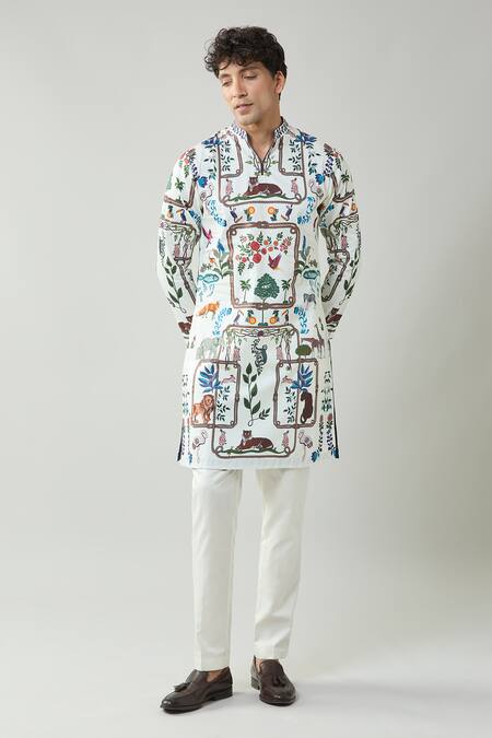 Taroob_Ivory Cotton, Silk Printed Kurta Pajama Set _at_Aza_Fashions