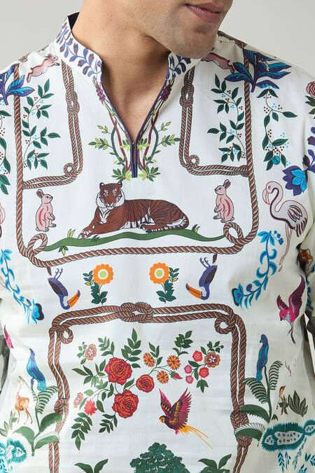 Buy_Taroob_Ivory Cotton, Silk Printed Kurta Pajama Set 