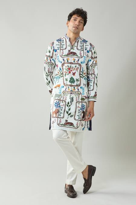 Shop_Taroob_Ivory Cotton, Silk Printed Kurta Pajama Set 