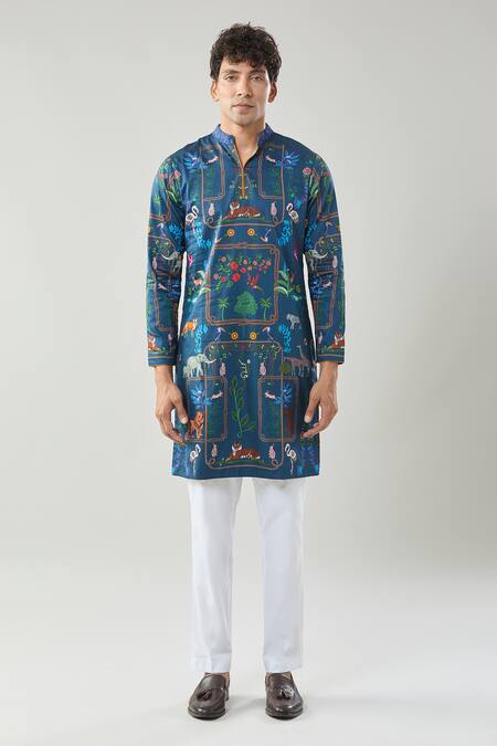 Buy_Taroob_Navy Cotton, Silk Printed Safari Kurta Pajama Set _Online_at_Aza_Fashions