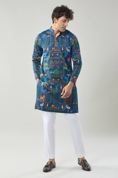 Shop_Taroob_Navy Cotton, Silk Printed Safari Kurta Pajama Set _Online_at_Aza_Fashions