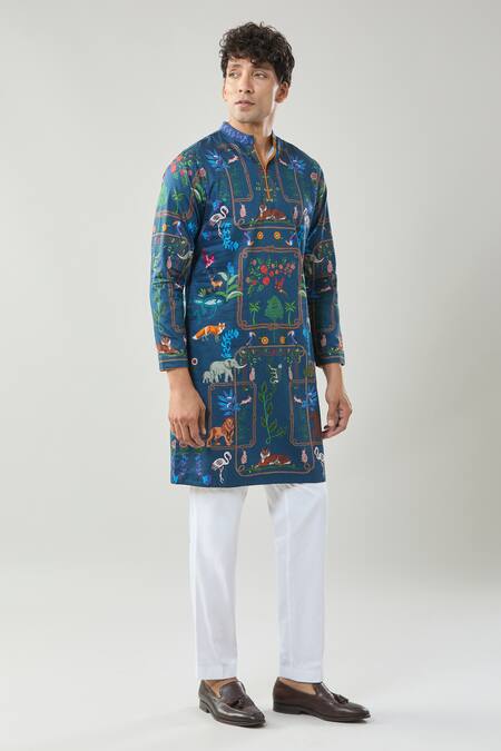 Taroob_Navy Cotton, Silk Printed Safari Kurta Pajama Set _at_Aza_Fashions