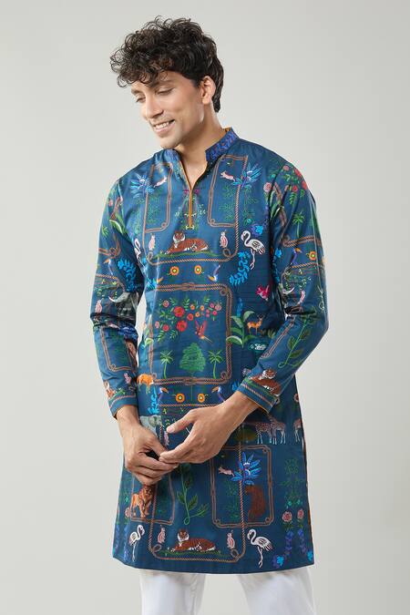 Shop_Taroob_Navy Cotton, Silk Printed Safari Kurta Pajama Set 