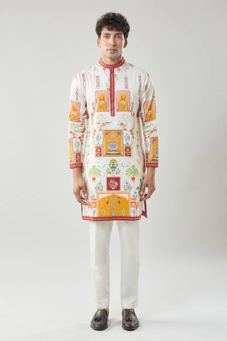 Buy_Taroob_Ivory Cotton, Silk Raj Mahal Printed Kurta Pajama Set _Online_at_Aza_Fashions