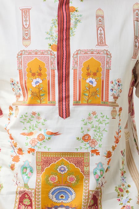 Taroob_Ivory Cotton, Silk Raj Mahal Printed Kurta Pajama Set _at_Aza_Fashions