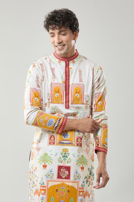 Buy_Taroob_Ivory Cotton, Silk Raj Mahal Printed Kurta Pajama Set 