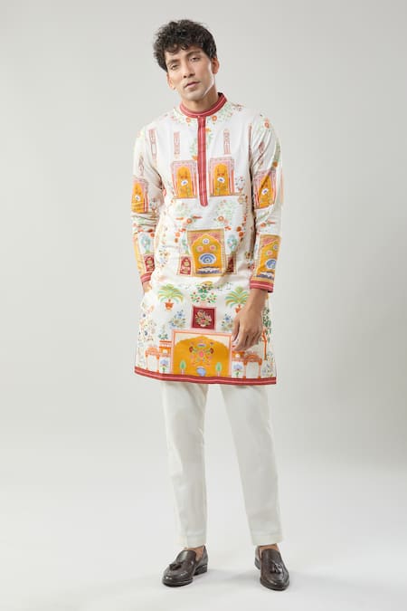 Shop_Taroob_Ivory Cotton, Silk Raj Mahal Printed Kurta Pajama Set 