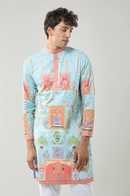 Taroob_Sky Blue Cotton, Silk Printed Raj Mahal Kurta Set _Online_at_Aza_Fashions