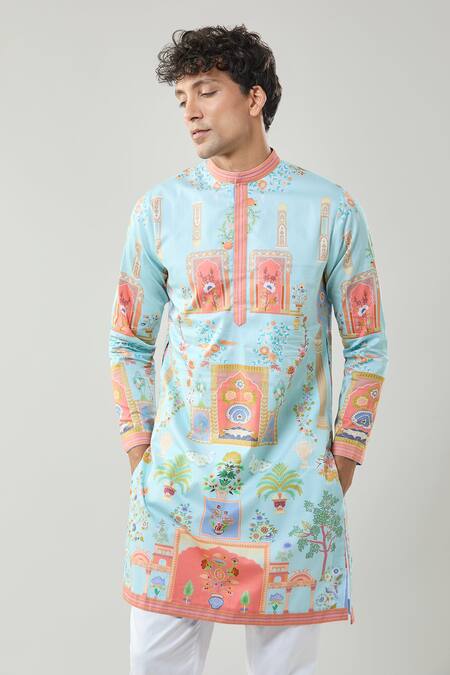Buy_Taroob_Sky Blue Cotton, Silk Printed Raj Mahal Kurta Set _Online_at_Aza_Fashions