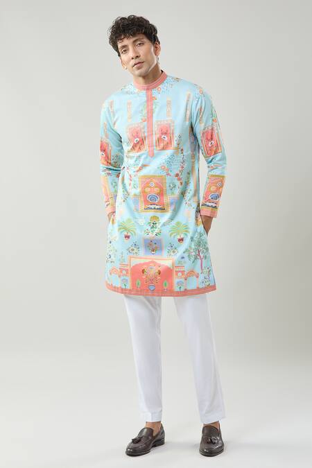 Buy_Taroob_Sky Blue Cotton, Silk Printed Raj Mahal Kurta Set 