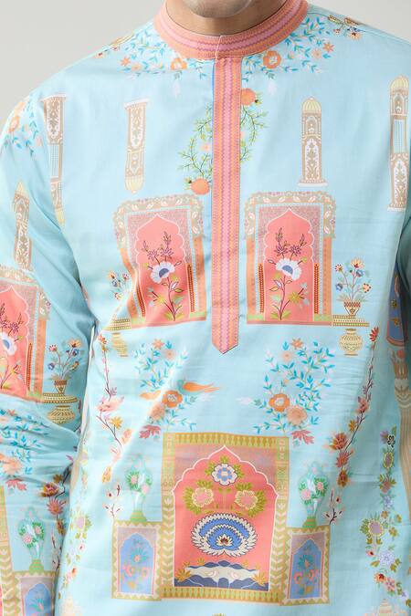 Shop_Taroob_Sky Blue Cotton, Silk Printed Raj Mahal Kurta Set 