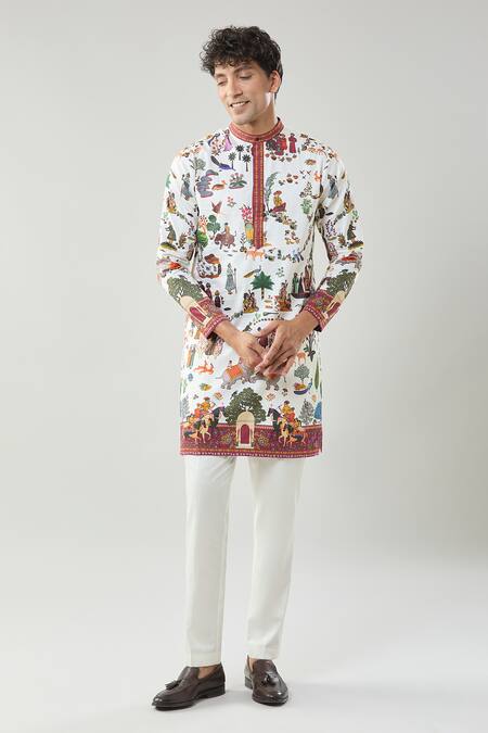 Taroob_White Cotton, Silk Printed Mughal Shikar-dar Kurta Set _Online_at_Aza_Fashions