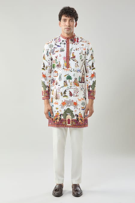 Buy_Taroob_White Cotton, Silk Printed Mughal Shikar-dar Kurta Set _Online_at_Aza_Fashions