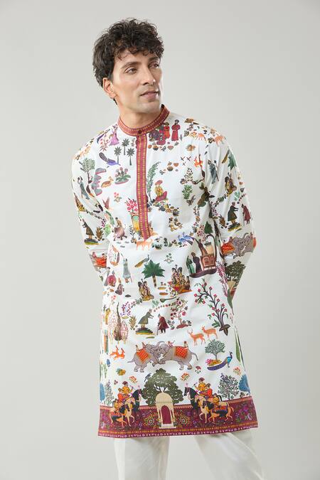 Taroob_White Cotton, Silk Printed Mughal Shikar-dar Kurta Set _at_Aza_Fashions