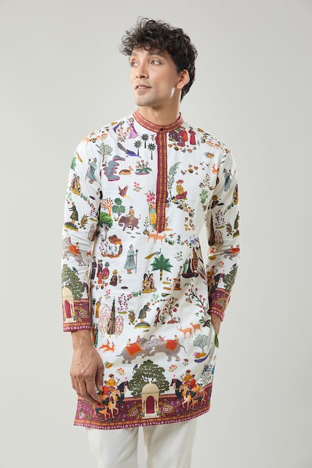 Buy_Taroob_White Cotton, Silk Printed Mughal Shikar-dar Kurta Set 