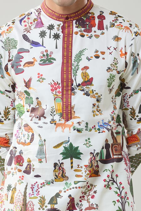 Shop_Taroob_White Cotton, Silk Printed Mughal Shikar-dar Kurta Set 