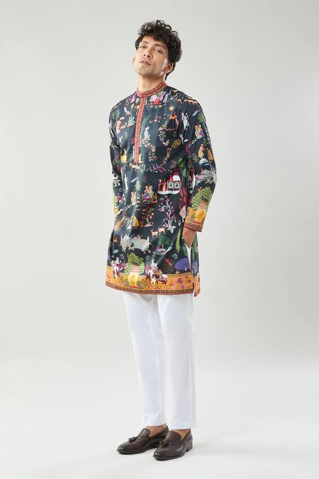 Taroob_Black Cotton, Silk Mughal Shikar-dar Kurta Set _Online_at_Aza_Fashions