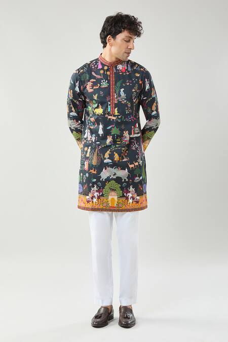 Buy_Taroob_Black Cotton, Silk Mughal Shikar-dar Kurta Set _Online_at_Aza_Fashions