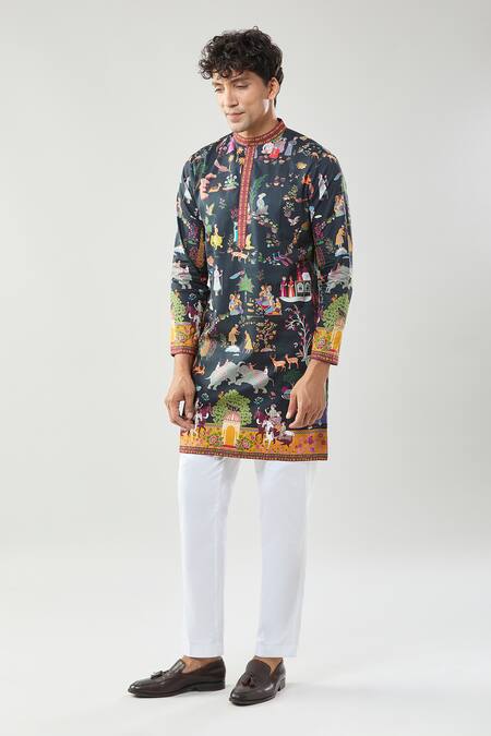 Taroob_Black Cotton, Silk Mughal Shikar-dar Kurta Set _at_Aza_Fashions