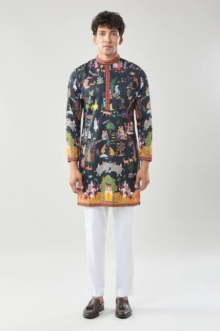 Buy_Taroob_Black Cotton, Silk Mughal Shikar-dar Kurta Set 