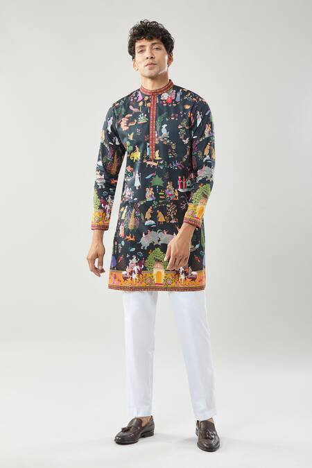 Shop_Taroob_Black Cotton, Silk Mughal Shikar-dar Kurta Set 