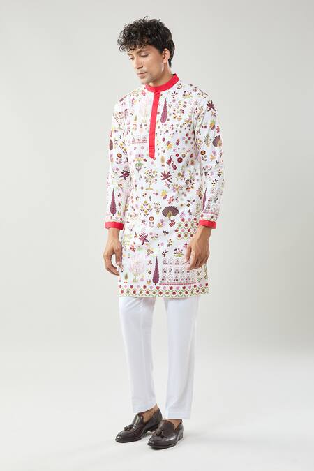 Taroob_Ivory Cotton, Silk Embroidery Printed Kashmir Art Kurta Set _Online_at_Aza_Fashions