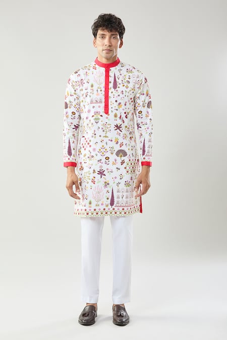 Shop_Taroob_Ivory Cotton, Silk Embroidery Printed Kashmir Art Kurta Set _Online_at_Aza_Fashions